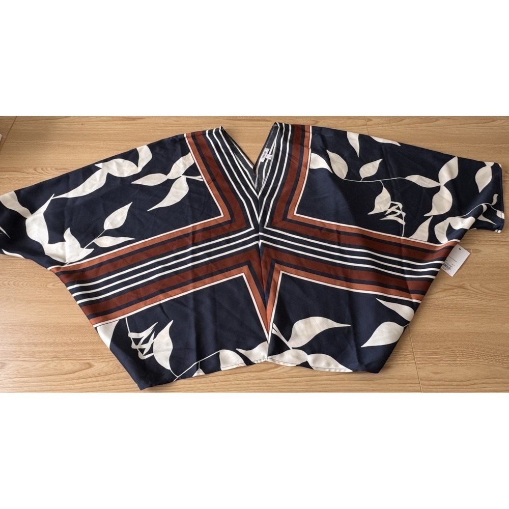 Nine West XL Kimono Sleeve Blouse Navy Rust Geometric Floral Print‎ NWT